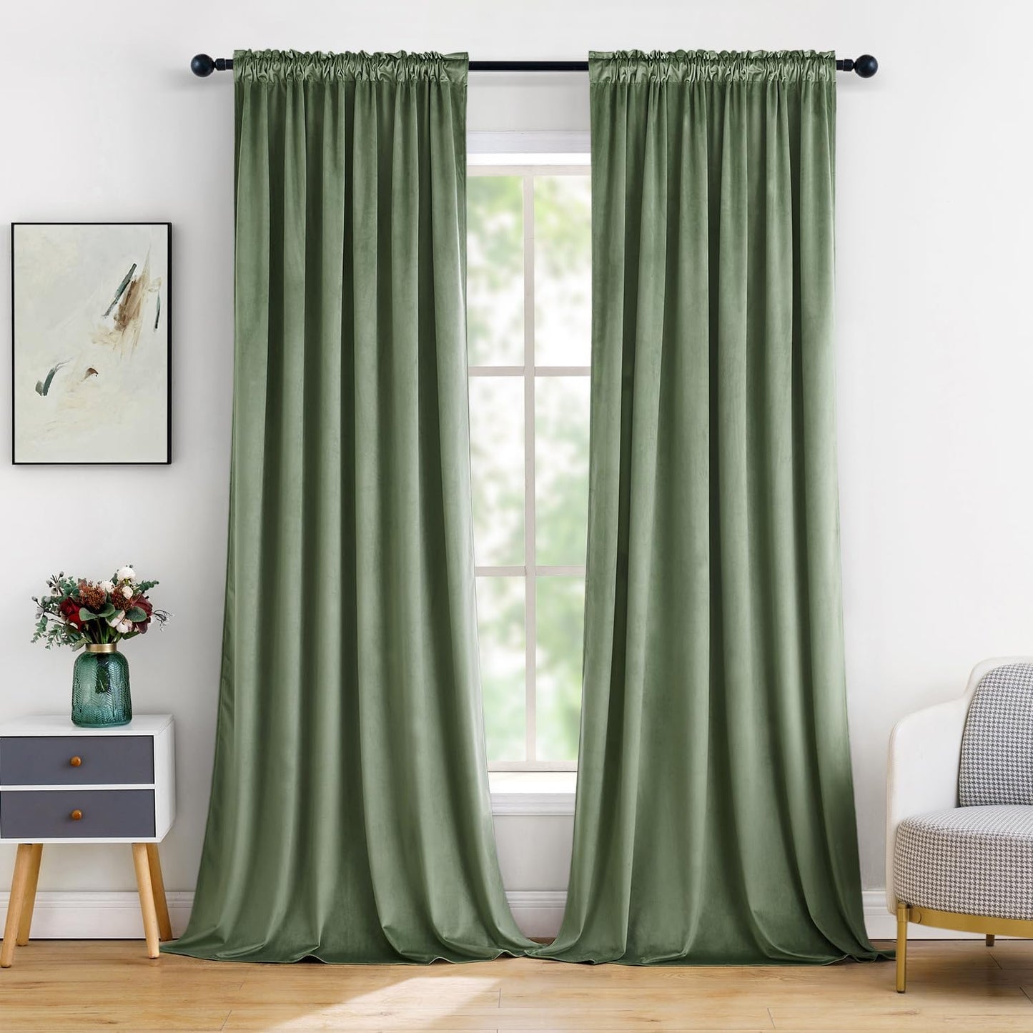 MIULEE Velvet Curtains Sage Green Thermal Insulated Blackout Curtain Drapes for Bedroom Living Room Darkening 96 Inches Long Curtains Panels Rod Pocket Set of 2
