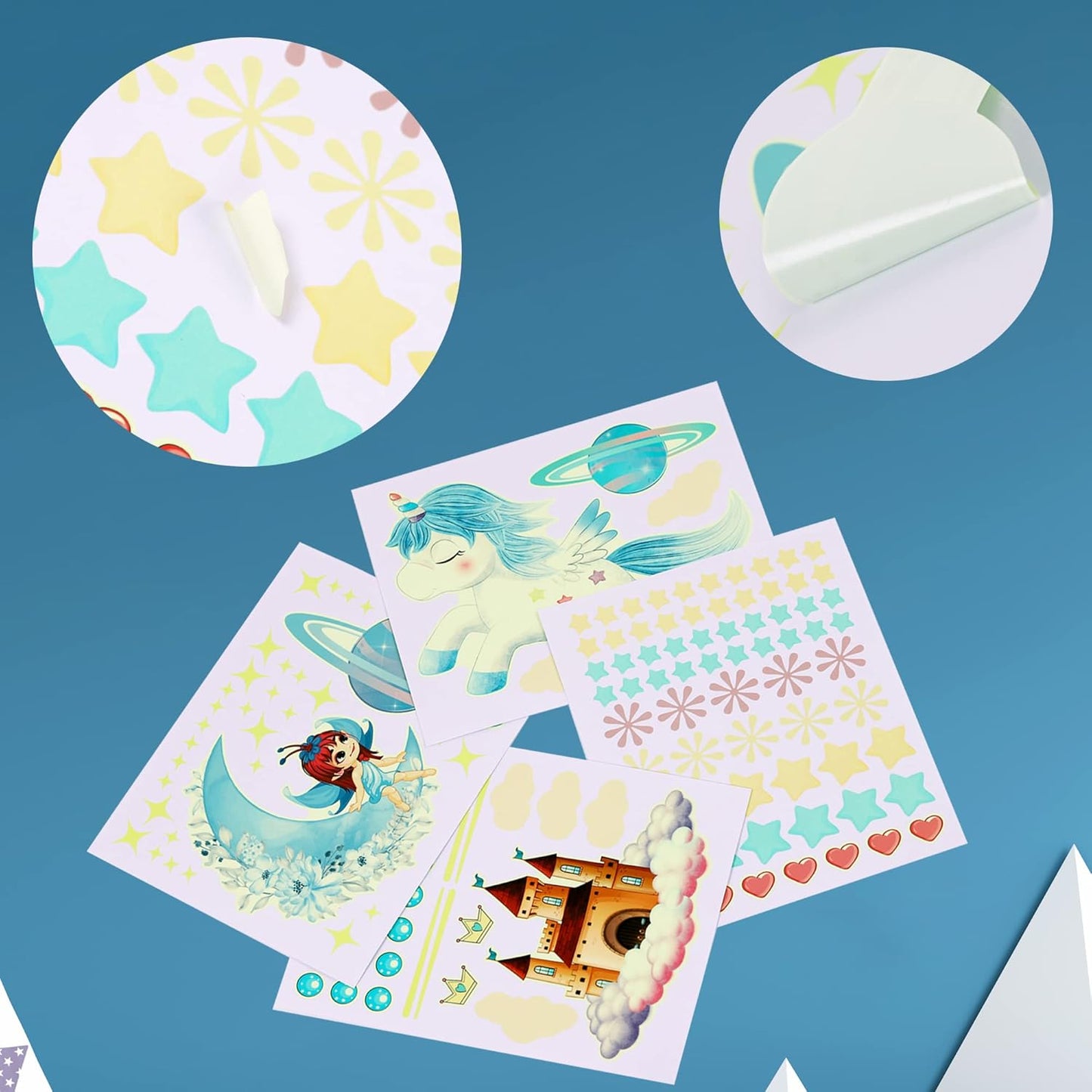 Glow in The Dark Fairy Unicorn Wall Decal Sticker, Girl Bedroom Star Rainbow Castle Princess Wallpaper Decoration, Glowing Moon Ceiling Decor