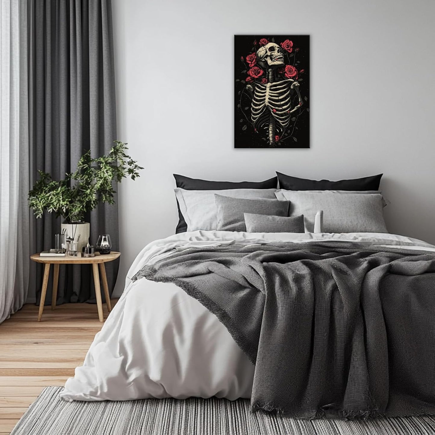 OAAPITI Gothic Skull Wall Art Skeleton and Roses Canvas Pictures Print Vibrant Dark Art Decor for Bedroom Living Room Bathroom(Artwork-6,28"x42")
