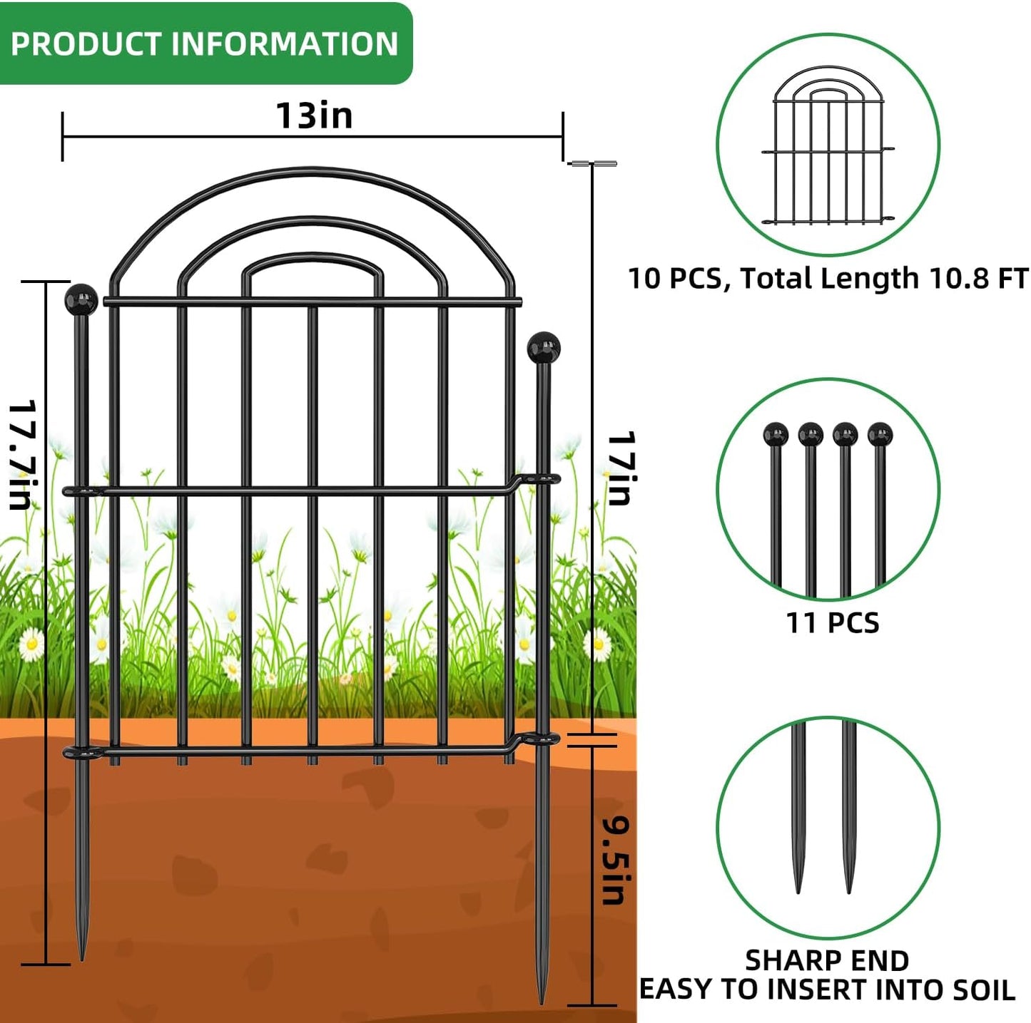 Decorative Garden Fence, 17in(H) x10.8ft Rustproof Metal No Dig Fence Animal Barrier Fence for Dog Rabbit, Wire Border Panel Fencing for Yard Patio Outdoor Decor 10 Pack