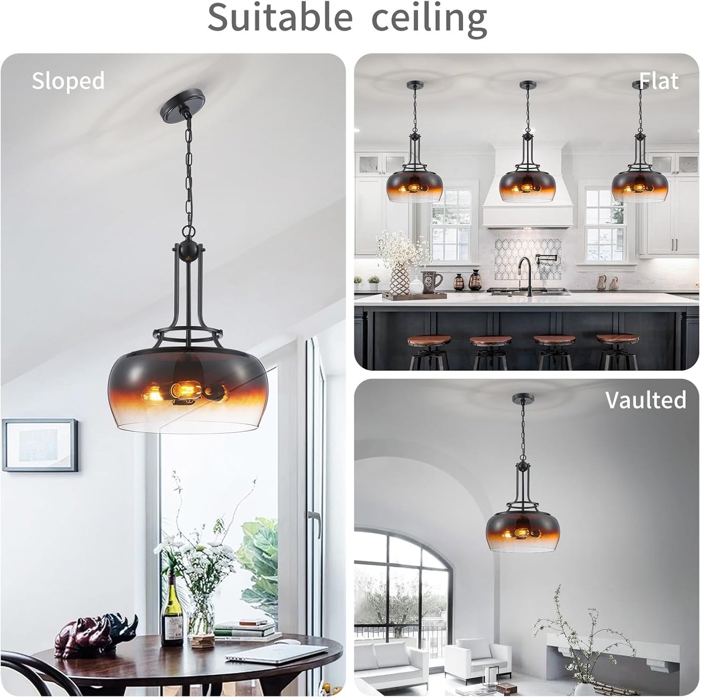 WUZUPS Chandelier Rustic Farmhouse Industrial Round Ceiling Pendant LED Light Fixture with Amber Gradient Black Glass Shade for Dining Room Kitchen Island Foyer Entryway, H 20.9" W 15.9", E26 Base