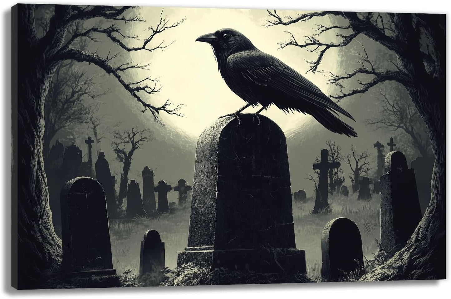 Crow Canvas Wall Art Gothic Black Bird On Branch Painting Print Spooky Forest Full Moon Scenery Poster Artwork Framed Halloween Home Decor(Artwork-3,16"x24")