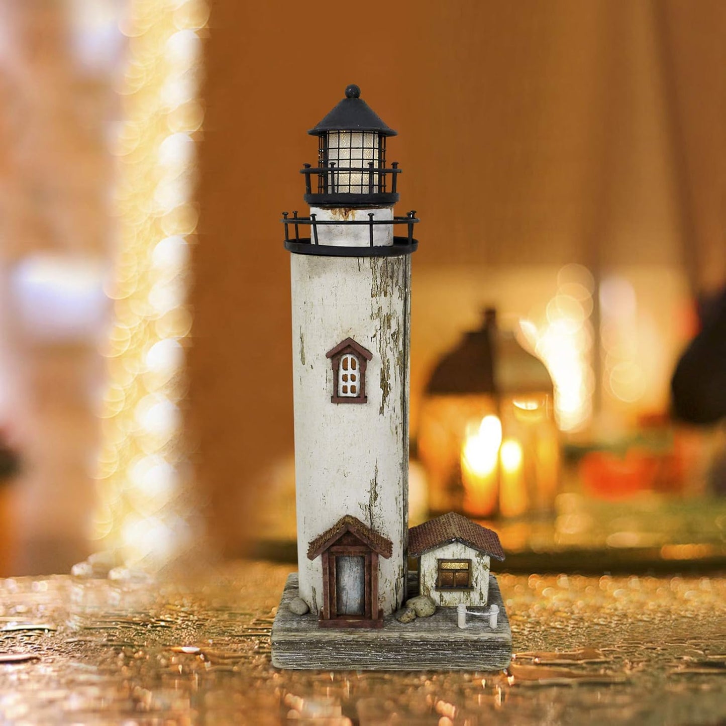 Linfevisi Wood Lighthouse Decor Rustic LED Light House Decor Wooden Decorative Nautical Lighthouse Statue Coastal Beach Themed Lighthouse Handcrafted Tabletop Decoration Home Bathroom (12")