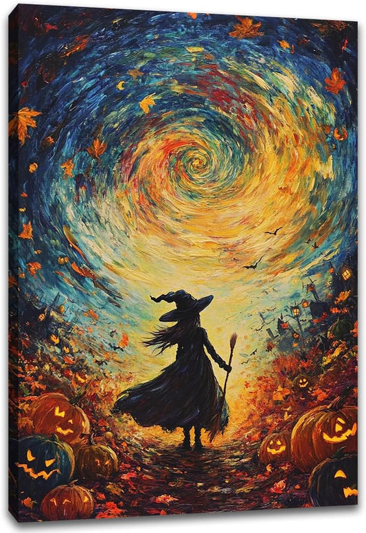 Halloween Autumn Witchy Decor Wall Art Prints,Gothic Witch in Whirlwind Autumn with Pumpkins Scene Pictures Poster,Fall Festival Home Decor Painting Canvas Poster for Bedroom Bathroom,20"x30" Framed