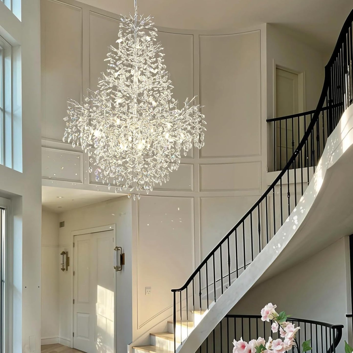 H65'' Silver Tree Branch Crystal High Ceilings Chandeliers,Modern Crystal Staircase Chandeliers, D48'' Foyer Chandelier for High Ceiling, Luxury Large Living Room Chandelier, 27-Lights