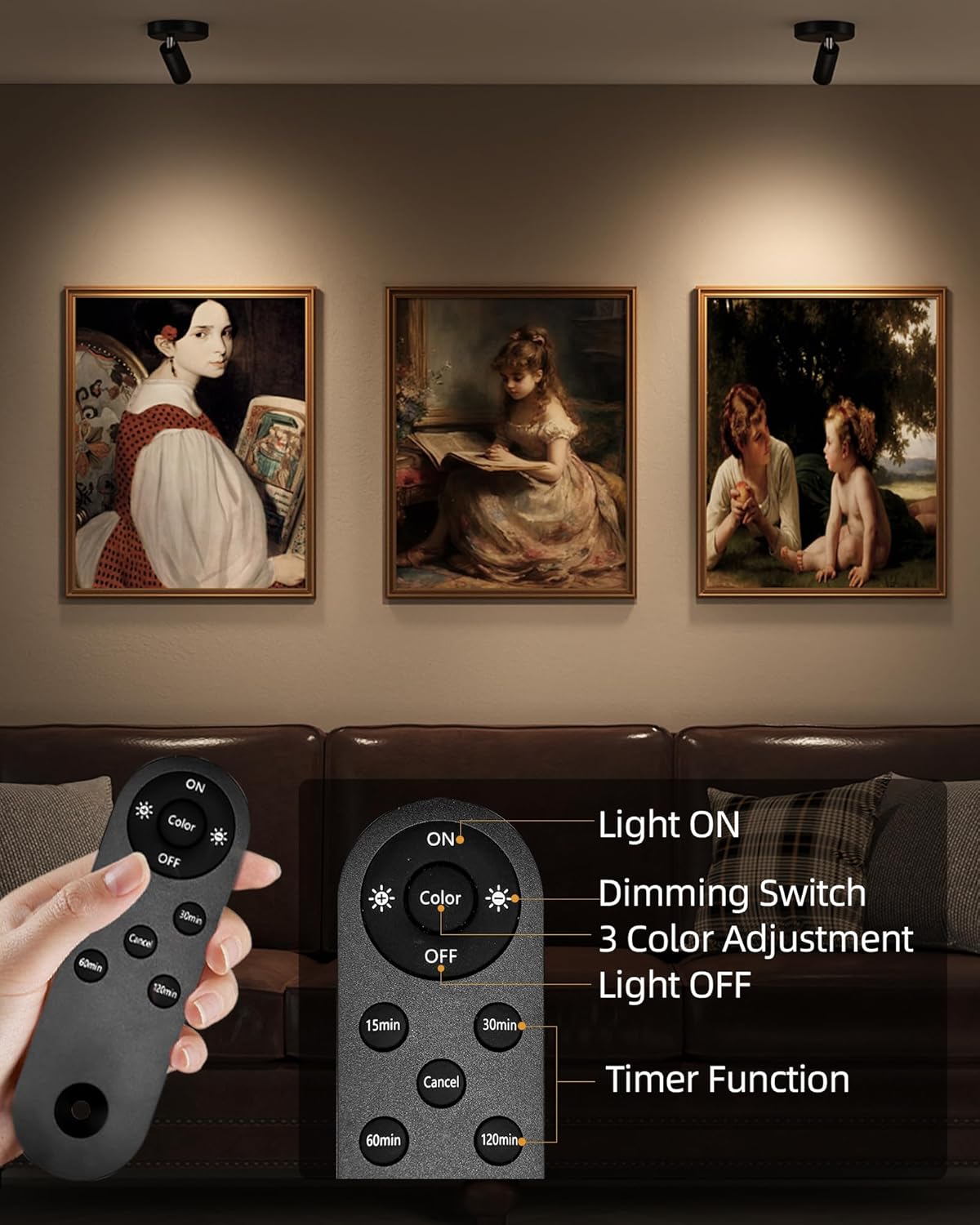 EZVALO Spotlights Indoor with Remote, 5500mAh Rechargeable Picture Lights, Wireless LED Uplighting with Timer＆Dimmable, 3CCT, Display Lights for Plant Painting, Artwork, Accent Lighting (2Pack-Black)