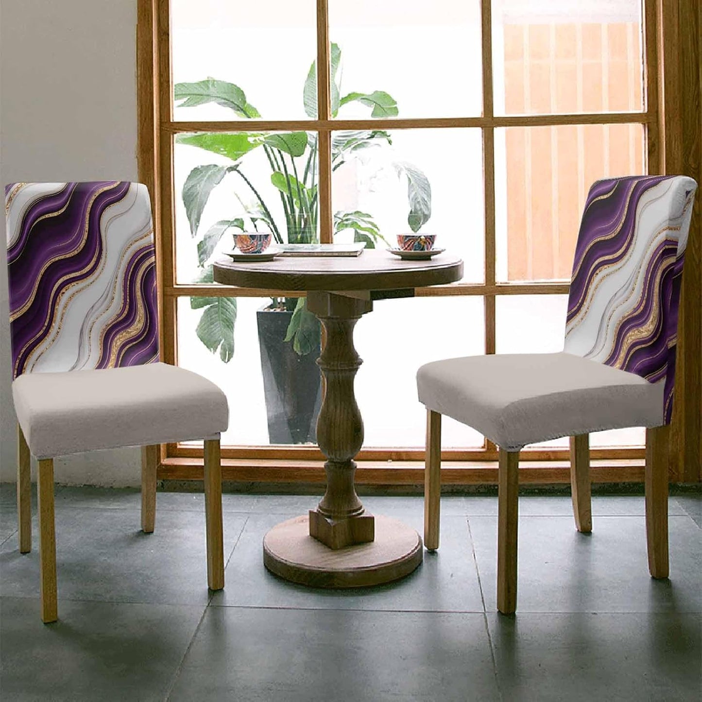 4 Pcs Dining Chair Covers Stretch Spandex Slipcovers Purple Marble Gold Inlay Removable Washable Dining Room Seat Cover Cushion Protector for Home Hotel Banquet Decor Abstract Geometric Stripes