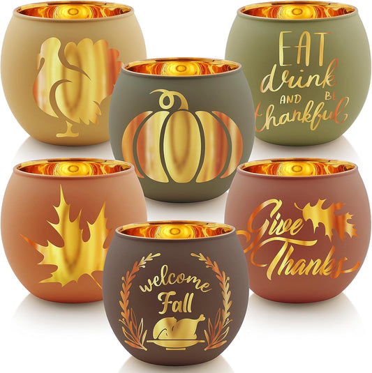 Thanksgiving Votive Candle Holder Set of 6, Glass Votives Holder with 6 Laser Engraving Patterns, Tealight Holders Bulk for Fall Table Centerpiece Decor