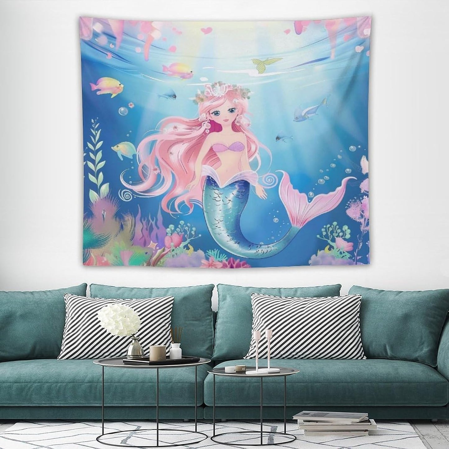 HZOHNAGO Mermaid Girls Tapestry Watercolor Mermaid Princess Pattern Printed Wall Tapestry Wall Hanging for Bedroom Living Room Dorm 60" W x 50" H