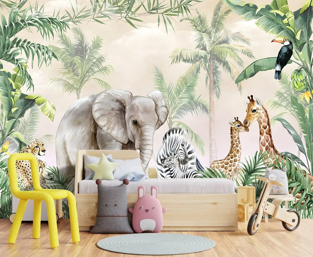 Tropical Animal Plants wallpeper Nursery Kids Bedroom Elephant Wall Mural - 160"x108"（Not Peel and Stick）