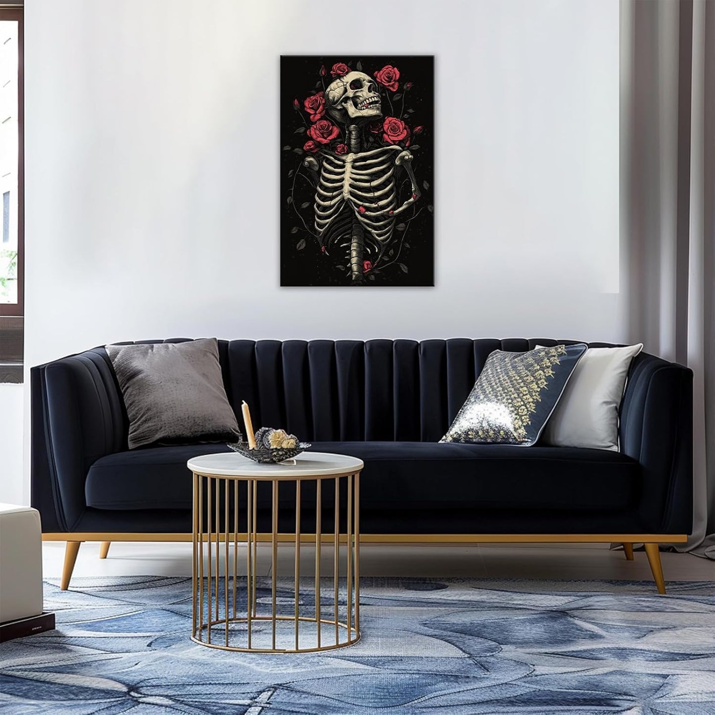 OAAPITI Gothic Skull Wall Art Skeleton and Roses Canvas Pictures Print Vibrant Dark Art Decor for Bedroom Living Room Bathroom(Artwork-6,24"x36")