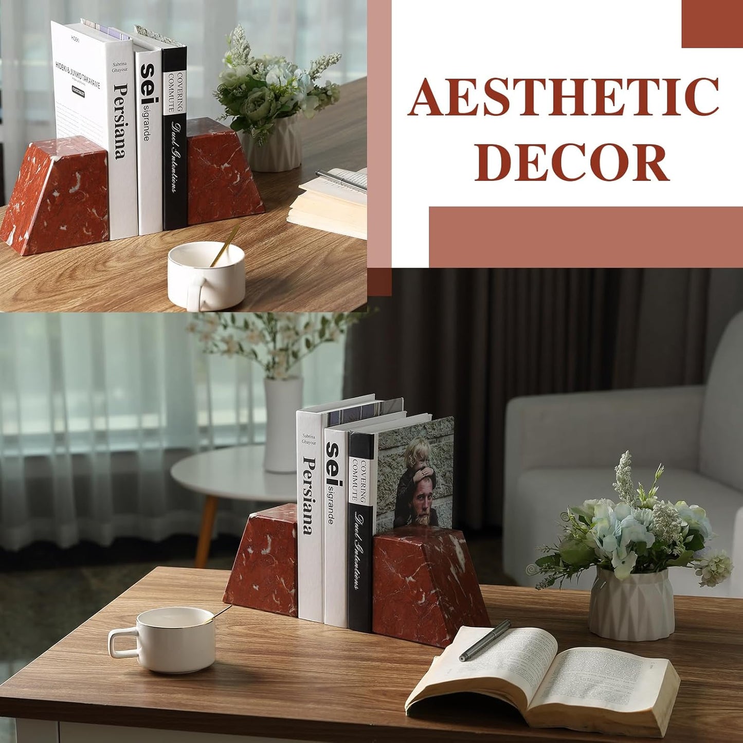 Marble Book Ends Decorative, Unique Bookends for Shelves，Bookends to Hold Heavy Books Durable Book Holder Stopper for Home Office Desk Bookshelf Decoration, Set of 2, Rosso Francia