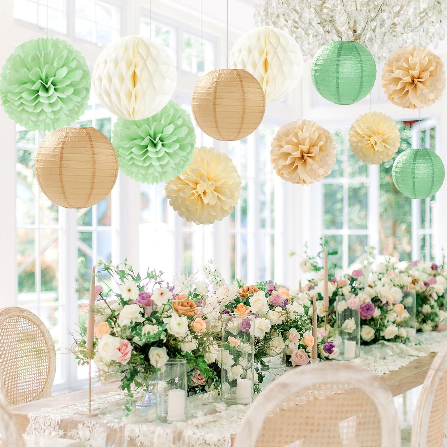 Sage Green-Boho Party-Decorations Paper-Flowers Lanterns - 15PCS Safari Rustic Neutral Baby Shower Tissue Pom Poms Streamers, Champagne Gold Birthday Wedding Graduation Hanging Supplies Decor Hugfond