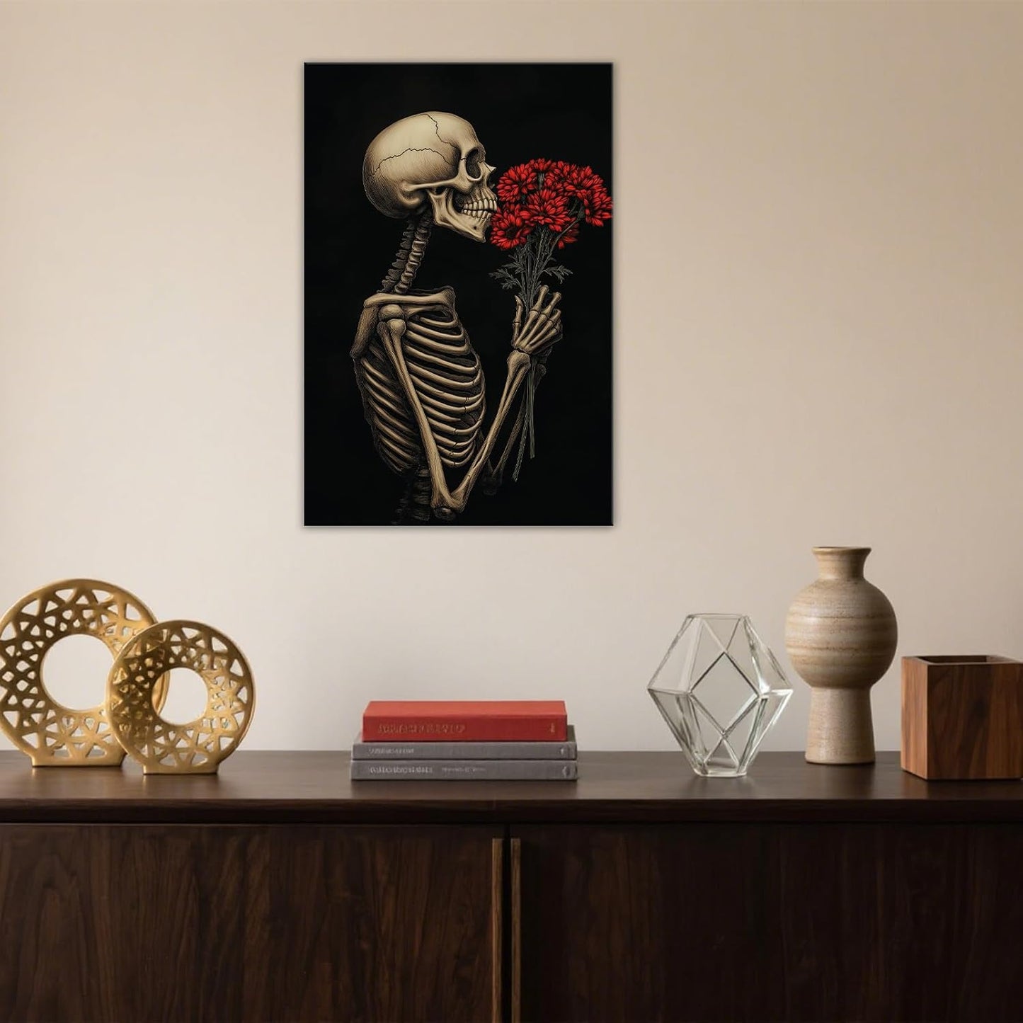 OAAPITI Red Rose Skull Wall Art Dark Themed Skeleton Painting Modern Artwork for Gothic Home Decor(Artwork-5,12"x18")
