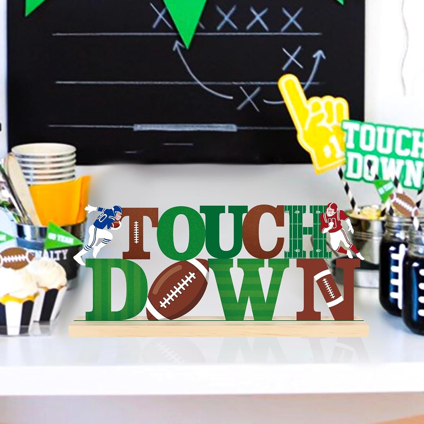 COCHIE Metal Football Touchdown Sign, Green Super Football Bowl Game Tailgate Party Decorations for Home, Office, Shelf, Mantel, Indoor, Touch Down Table Toppers Decor (Superbowl)