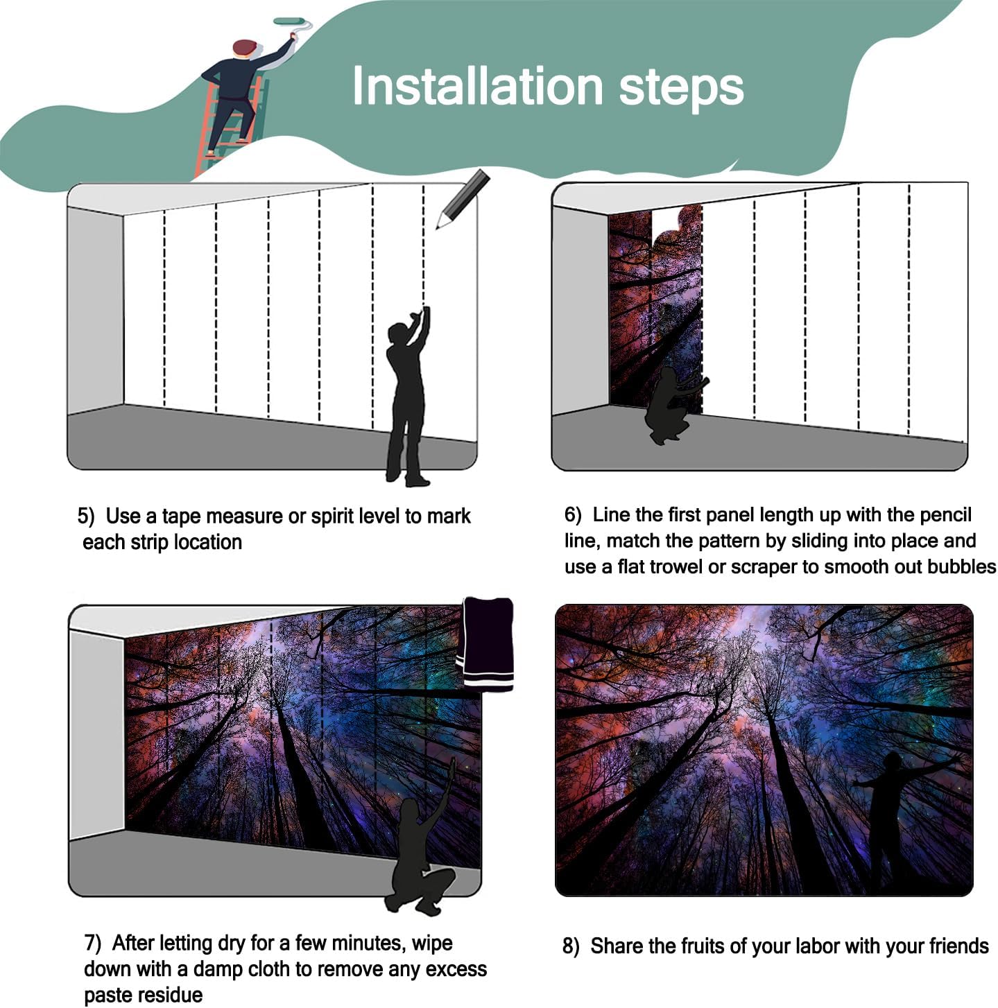 -Colorful Forest Beautiful Starry Tree Branches Wallpaper Bedroom XT14 S 100" x 65"