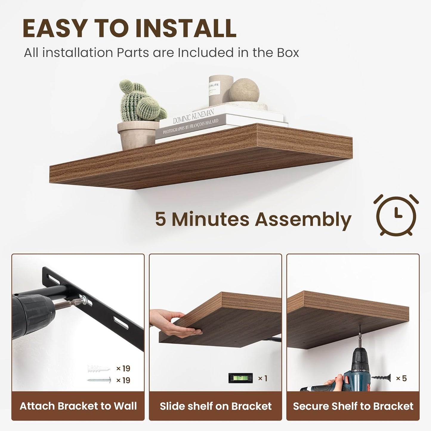 36 Inch Floating Shelves, 12 Inch Deep Floating Shelves for Wall, Floating Shelf with Invisible Brackets, Deep Shelves for Bathroom, Bedroom, Living Room, 2 Pack, Walnut