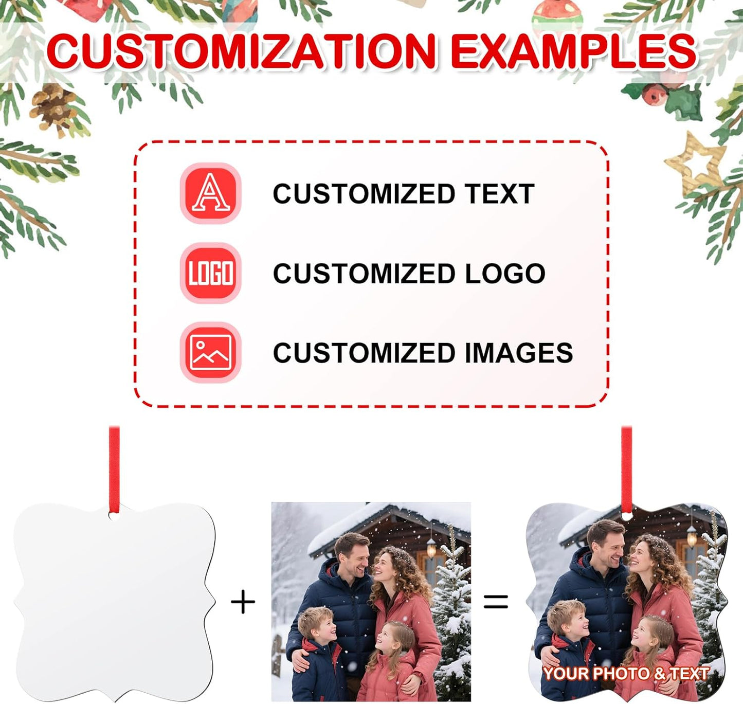 Personalized Photo Christmas Ornaments Double-Sided Metal Custom Picture Christmas Ornament 2024, Customized Xmas Tree Decorations Memorial Gifts for Kids Couples Family Friends Pet