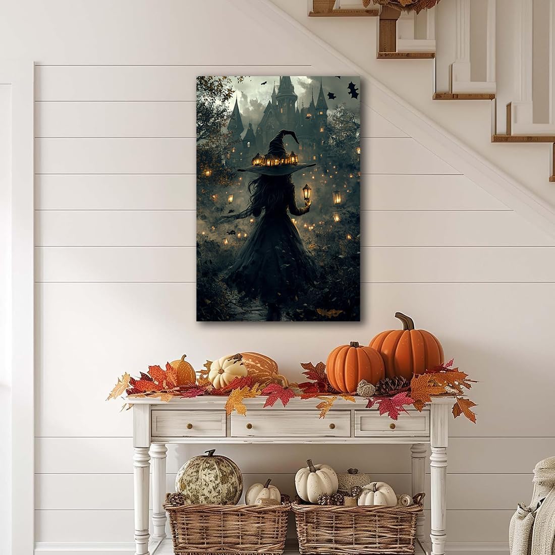 Halloween Witch and Haunted House Canvas Wall Art,Dark Academia Scary Witch Castle Posters Prints,Thriller Horror Gothic Wall Decor Pictures for Halloween Party House Decoration,24"x36" Framed