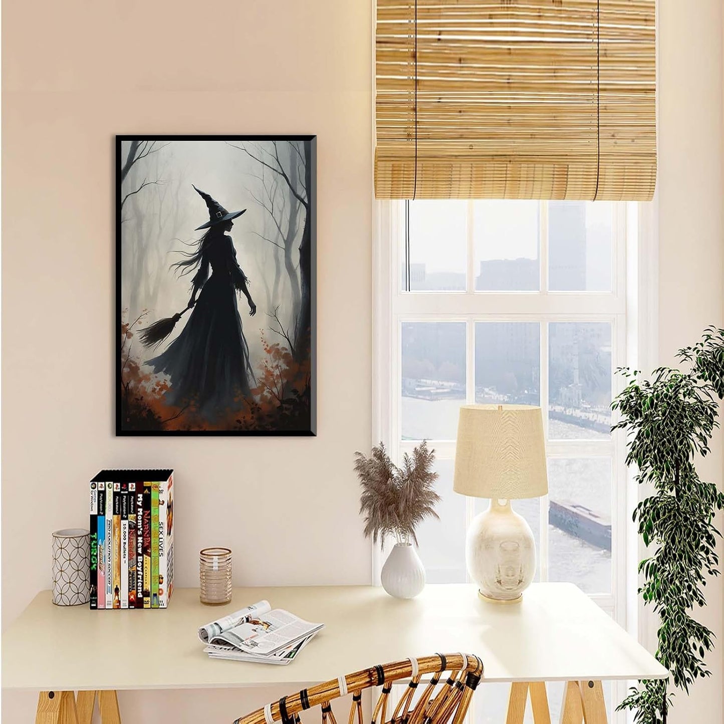 JFHCQJPK Vintage forest witch silhouette poster Halloween mural poster decoration mural art magic suitable for home living room bedroom24x36in Metal blackFramed