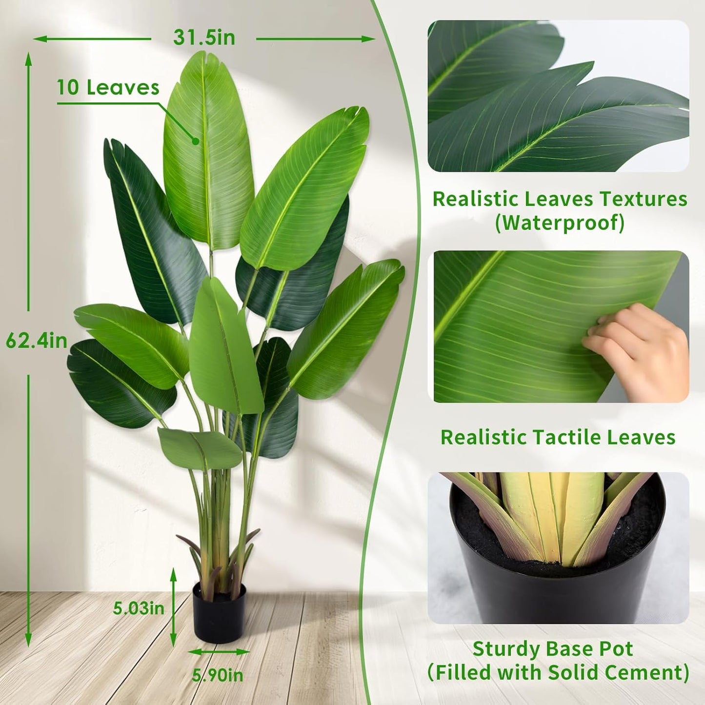 Artificial Bird of Paradise Plant 5.2Ft Fake Tropical Palm Tree with 10Trunks Faux Banana Leaf Trees in Pot for Home Indoor Outdoor Office Modern Decor Housewarming Gift（1Pcs）