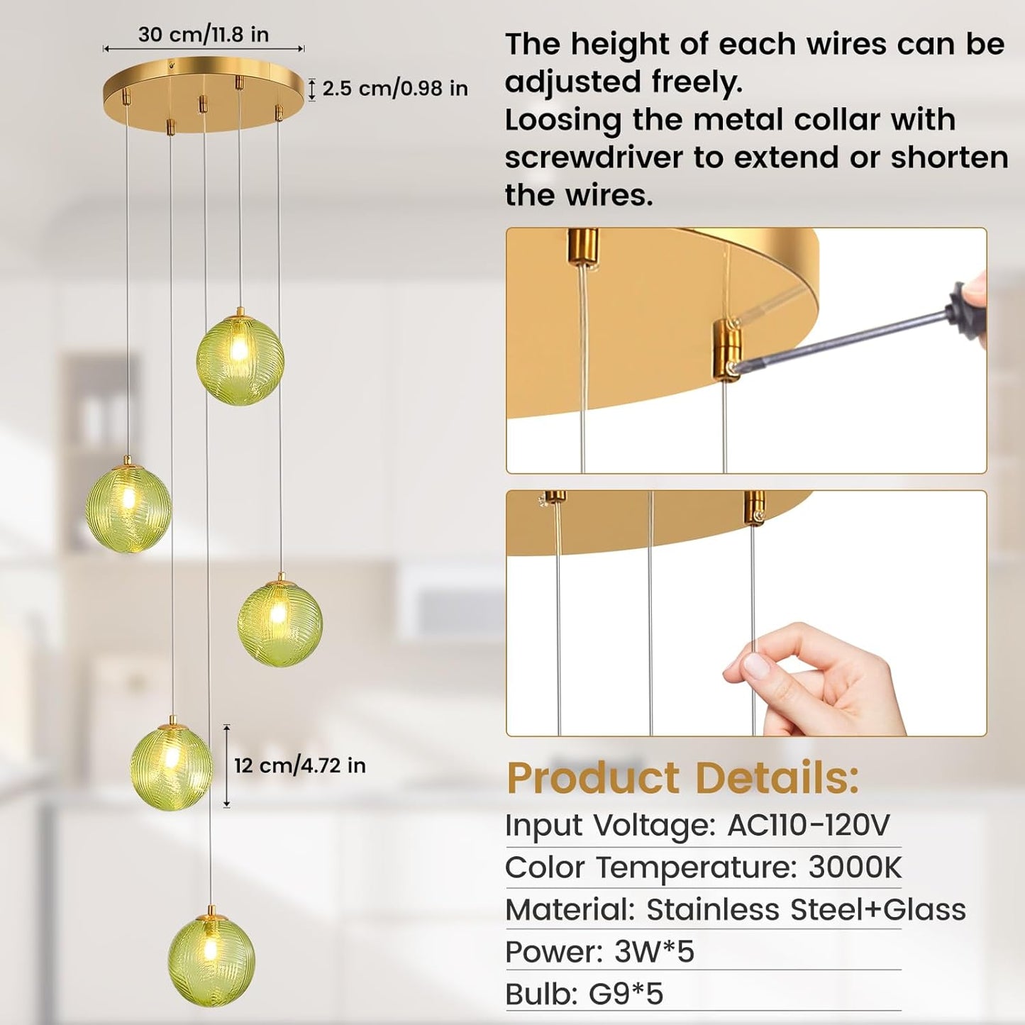 5-Light Chandelier, Globe Green Glass Flush Mount Pendant Light,15W Ceiling Hanging Light for Staircase Foyer Entryway Living Room Hotel Kitchen Island（3000K,G9 Bulbs Include）