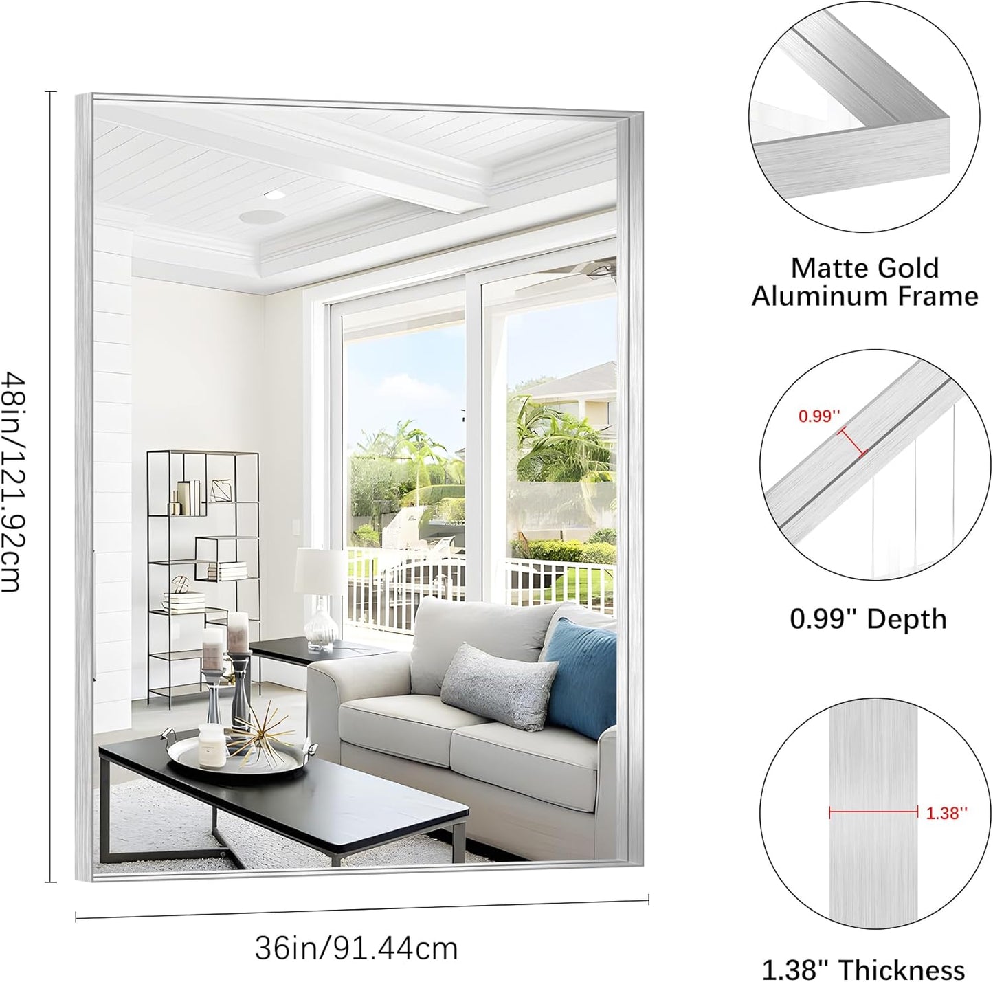 Silver Bathroom Mirror, 36x48 Inch Rectangular Deep Frame Mirror, Large Wall Mounted Bathroom Vanity Mirror Over Sink for Bedroom,Restroom, Living Room, Hangs Vertically or Horizontally