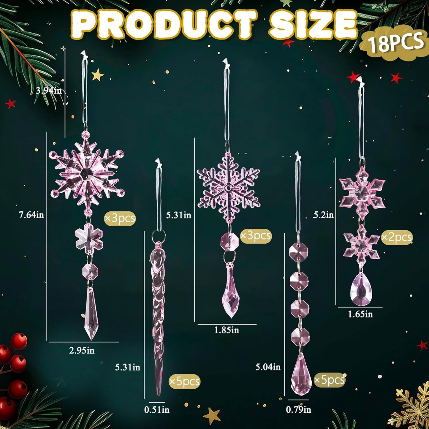 18pcs Crystal Christmas Ornaments for Christmas Tree Decorations-Pink Hanging Acrylic Snowflake and Icicle Ornaments with Drop Pendants for New Year Party Decorations Supplies