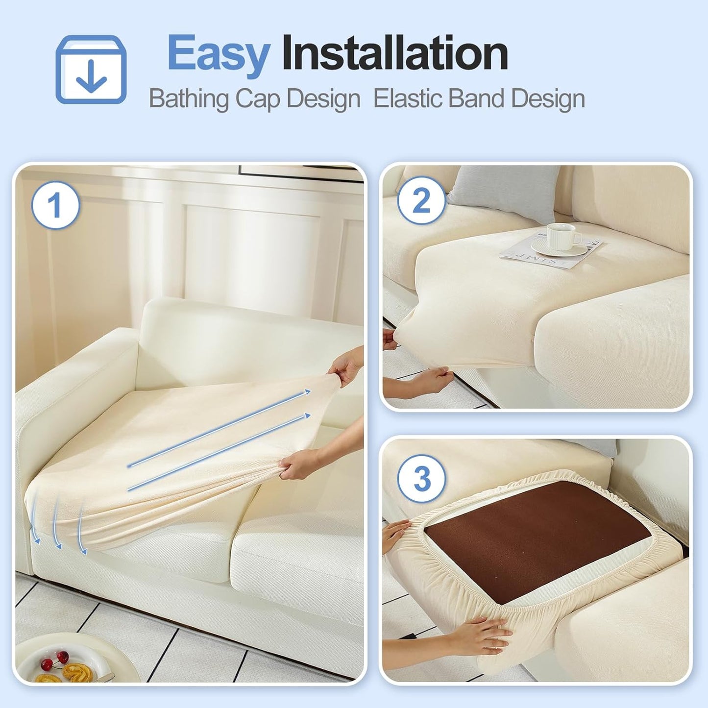 Individual Couch Cushion Covers, Stretch Sectional Couch Covers for L Shaped Sofa, Softer Chenille Sofa Covers for 2 Couch Cushions, Non-Slip Seat Slipcover Protector (2 Piece, Beige)