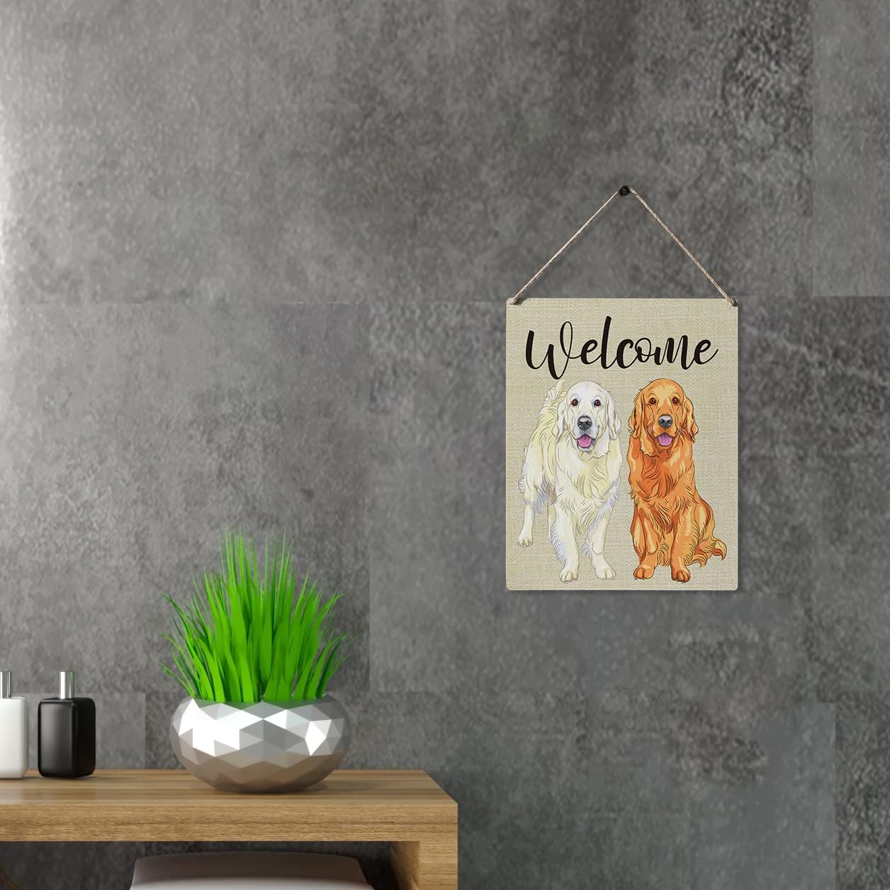 Qious Welcome Sign Gift Farmhouse Welcome Golden Retriever Wooden Hanging Sign Plaque Modern Wall Art Decor for Home Decoration 10 x 8 Inches