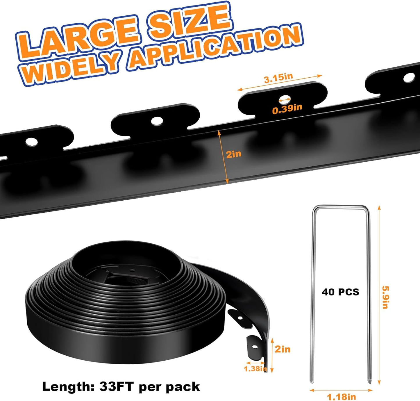 2 Inch x 33 FT (Multiple Sizes Available) Landscape Edging, Garden Edging Borders with 40pcs Upgrade Stakes, Flexible No Dig Plastic Garden Border for Lawn, Landscaping, Flower Beds, tree and Yard