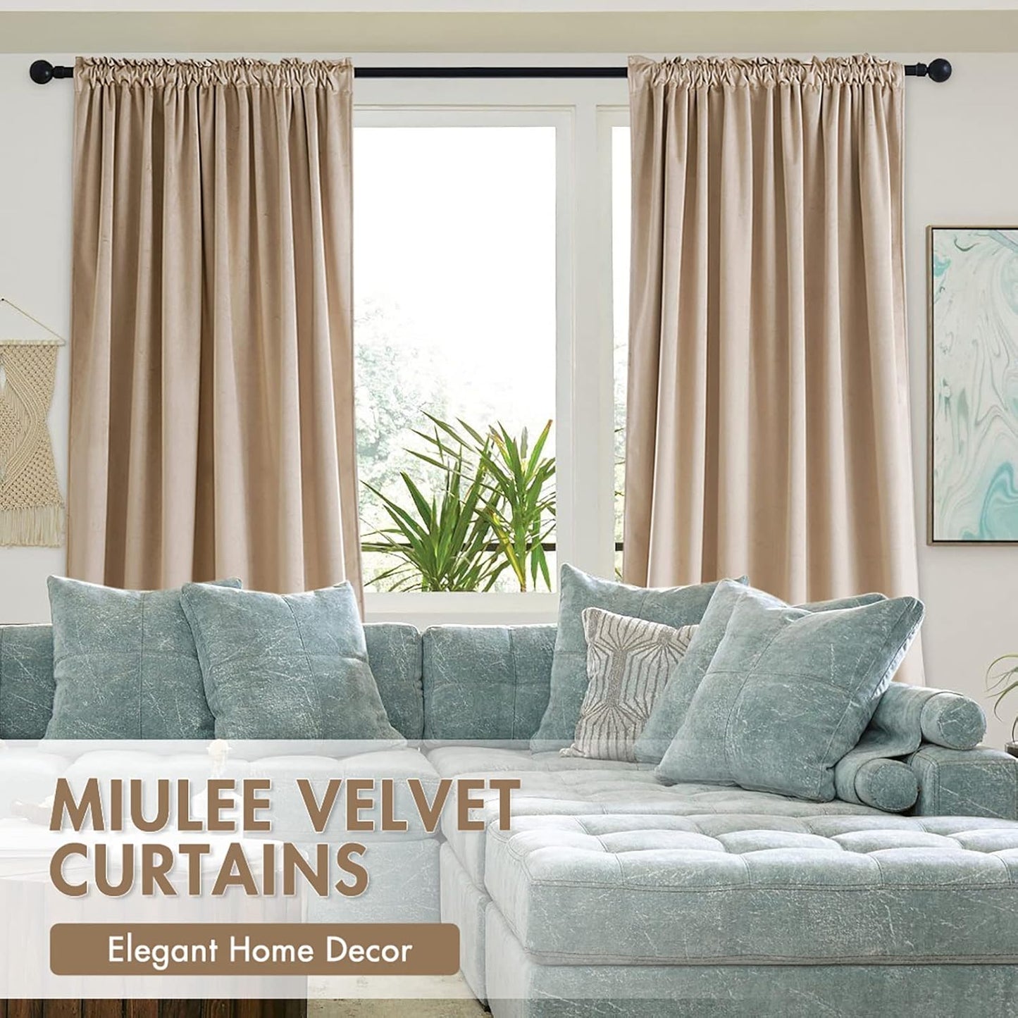 MIULEE Camel Beige Velvet Curtains Thermal Insulated Blackout Curtain Drapes for Bedroom Living Room Darkening 90 Inches Long Curtains Panels Rod Pocket Set of 2