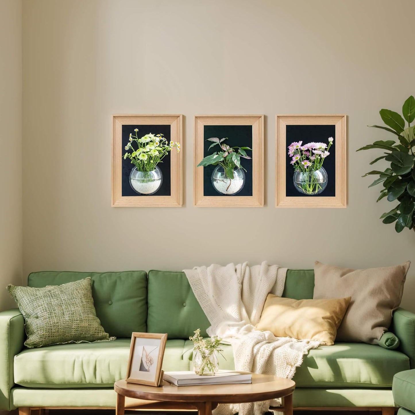 Natural Wooden Frame Wall Hanging Planter for Hydroponic Plants, 12'' x16''inch Wall Vase with Round Acrylic Propagation Station，Bathroom, Office, or Living Room Décor, Set of 3
