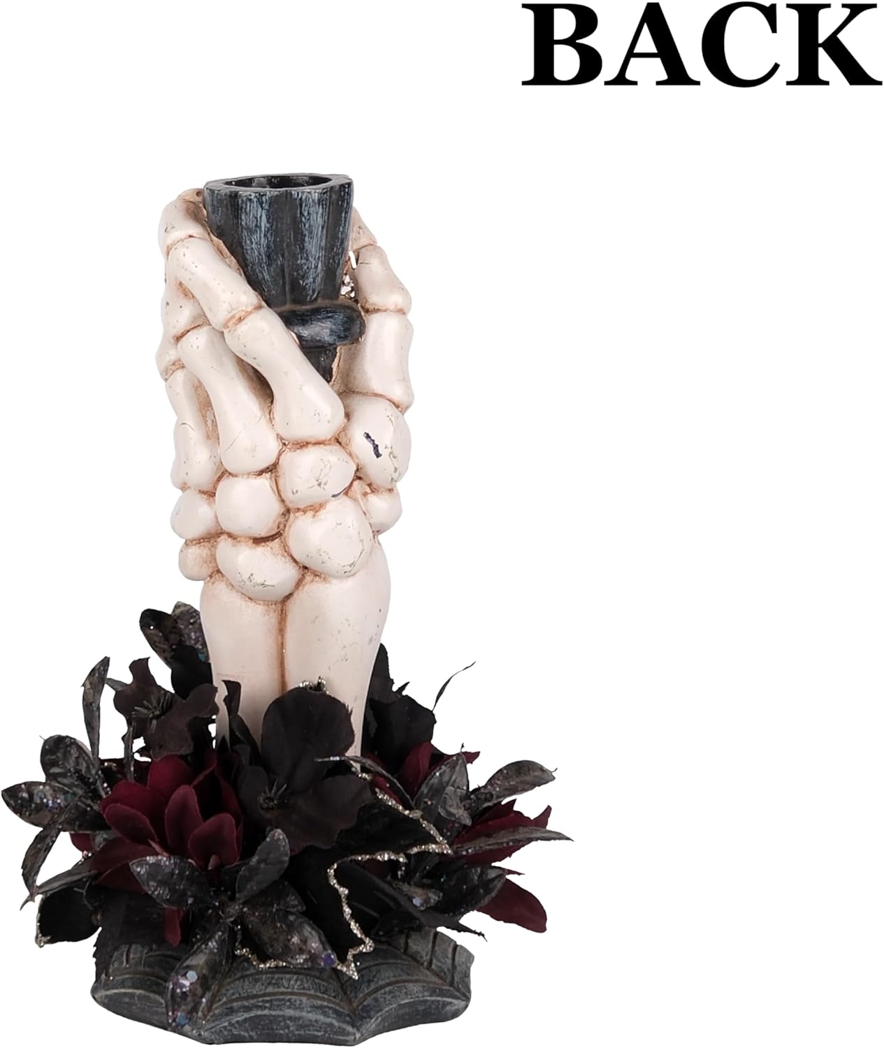 Skeleton Hand Halloween Candle Holder, Resin Candlestick Holder with Black&Burgundy Artificial Flowers Arrangement, Gothic Halloween Decor for Coffee Table/Dining Table Centerpiece, 6" Height