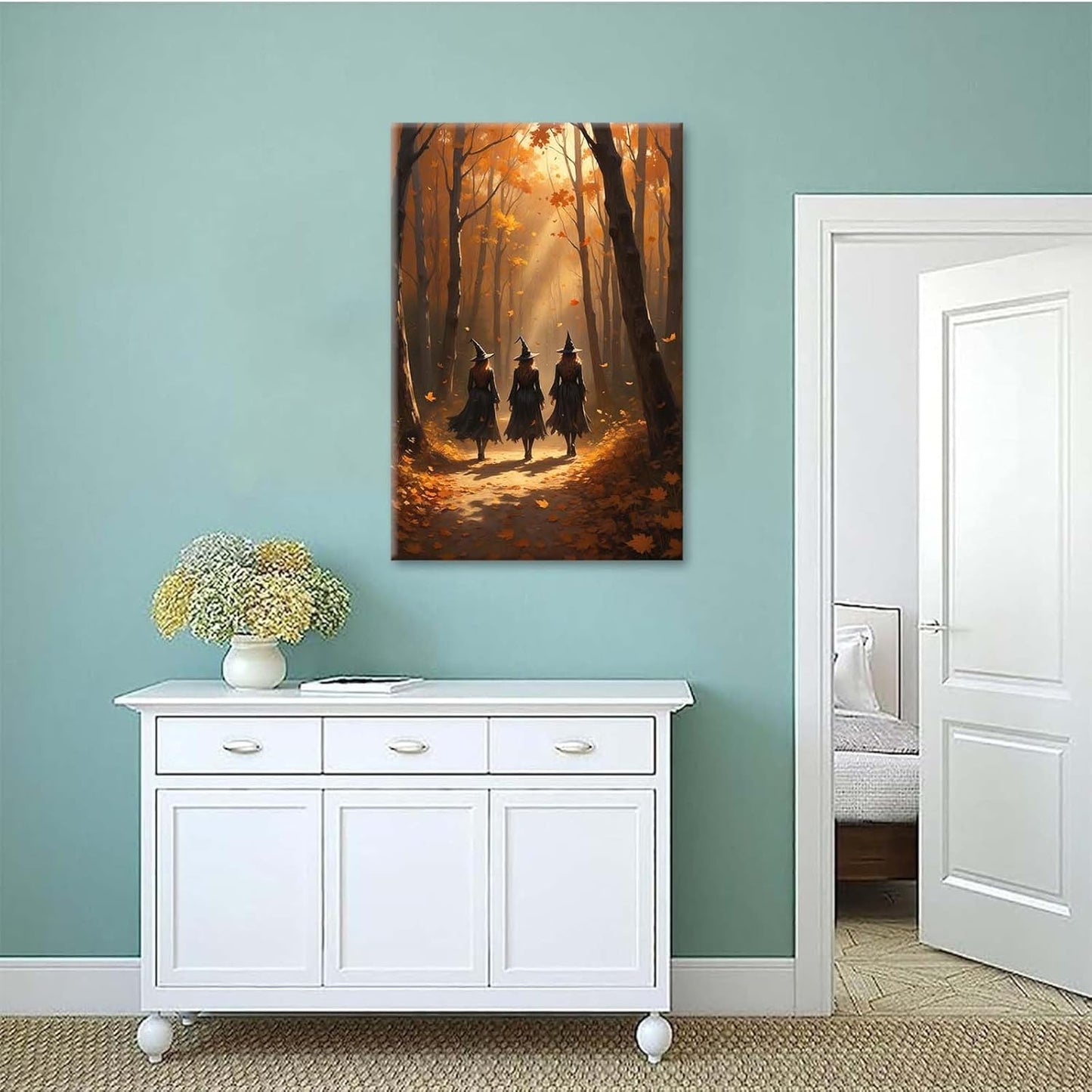 JFHCQJPK Three witches walking in the forest in autumn canvas painting gothic poster halloween print country witch wall art for home decoration16x24in Frameless