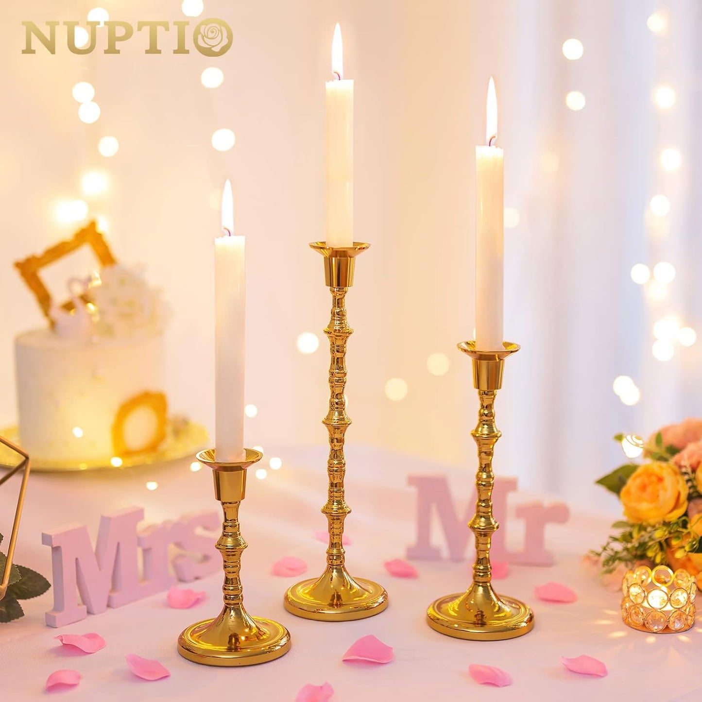 Nuptio Candle Holder Taper Candlestick Holders Gold Candle Holders for Unity Candles Metal Long Stem Candle Holders Set of 6 Home Decorations for Living Room Bathroom Dinner Table Cafe Table