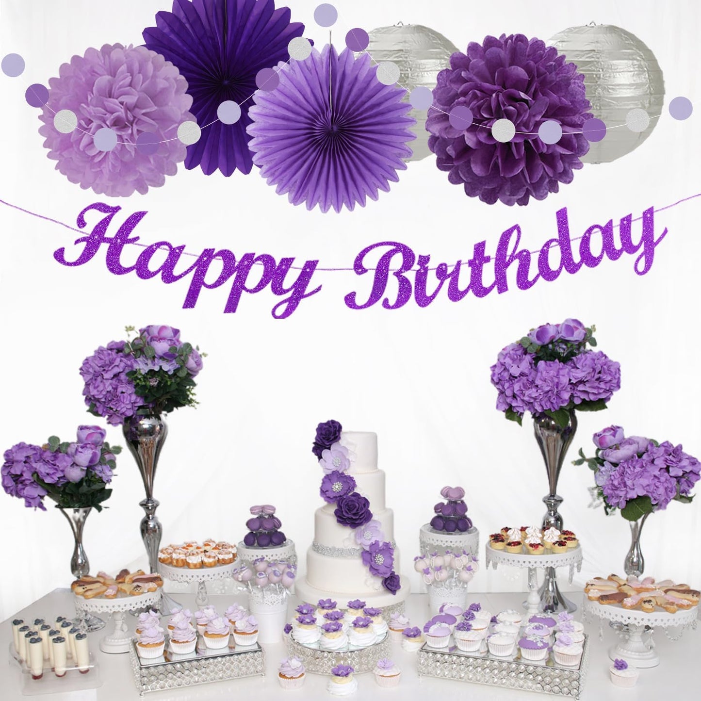 Purple Silver Birthday Party-Decorations Paper-Flowers - 14pcs Happy Banner Lavender Lanterns Tissue Pom Poms,Lilac Streamers Garland Fans,Women Girls Adult Kids Office Hanging Supplies Decor Hugfond