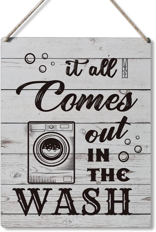 Qious Laundry Sign Gift Farmhouse It All Comes Out in the Wash Wooden Hanging Sign Plaque Rustic Wall Art Decor for Home Laundry Decoration 10 x 8 Inches