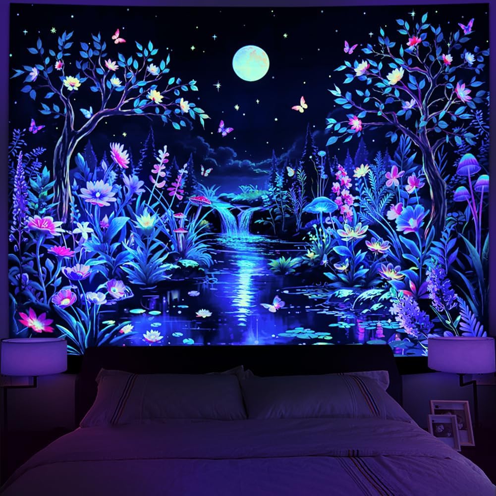Serborlur Blacklight Fantasy Forest Tree Tapestry UV Reactive Floral Plant Tapestries Trippy Moon Butterfly Wall Art Decor Nature Landscape Wall Hanging for Bedroom