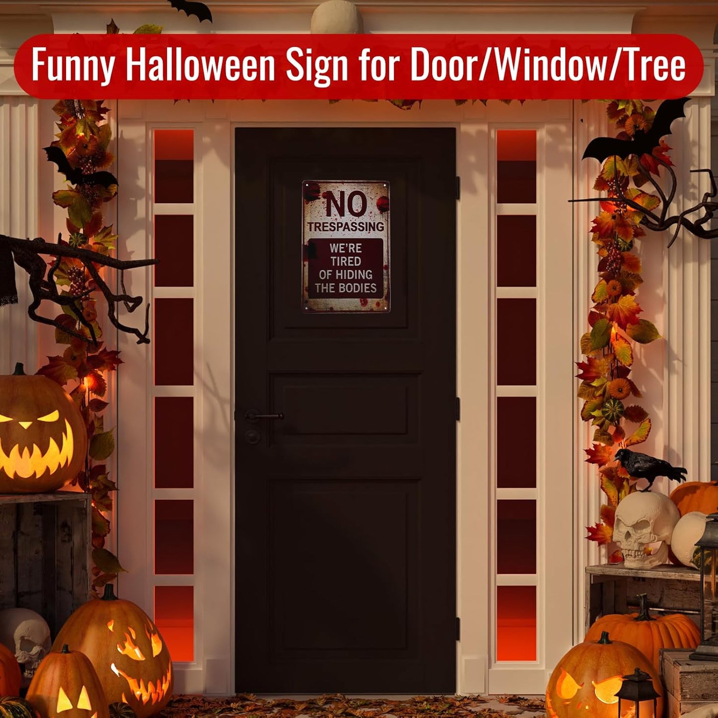 Halloween Decorations Metal Tin Sign for Outdoor Yard, Garage Wall, Rustic Vintage No Trespassing We're Tired of Hiding The Bodies, 7.8x11.8in