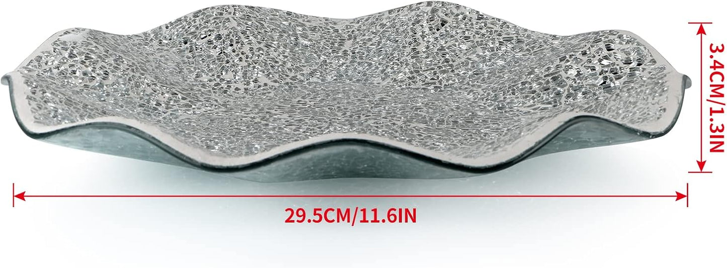 MDLUU Mosaic Centerpiece Tray, 11.6" Decorative Glass Plate, Home Decor Glass Bowl for Dining Room Table, Coffee Table, Gift (Silver)