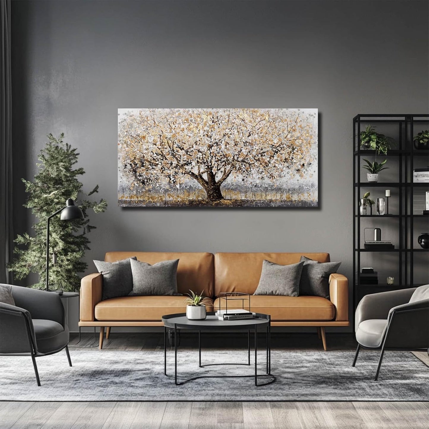 CHUDANHAO Abstract Grey Graffiti Wall Decor Big Tree Painting Gold Photo Prints Modern Canvas Art for Dining Room Bedroom 24"x48" Gallery Wall Art