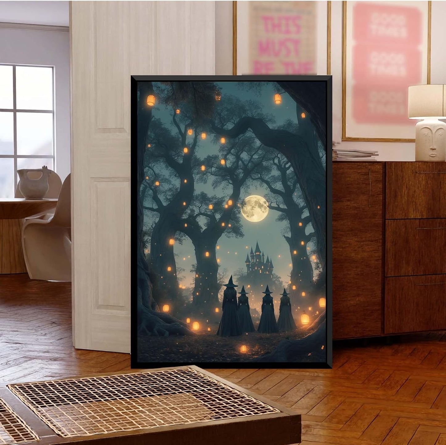 JFHCQJPK Mysterious creek painting witch and castle in magic forest art print canvas gothic print dark college decoration poster for home bedroom16x24in Metal blackFramed