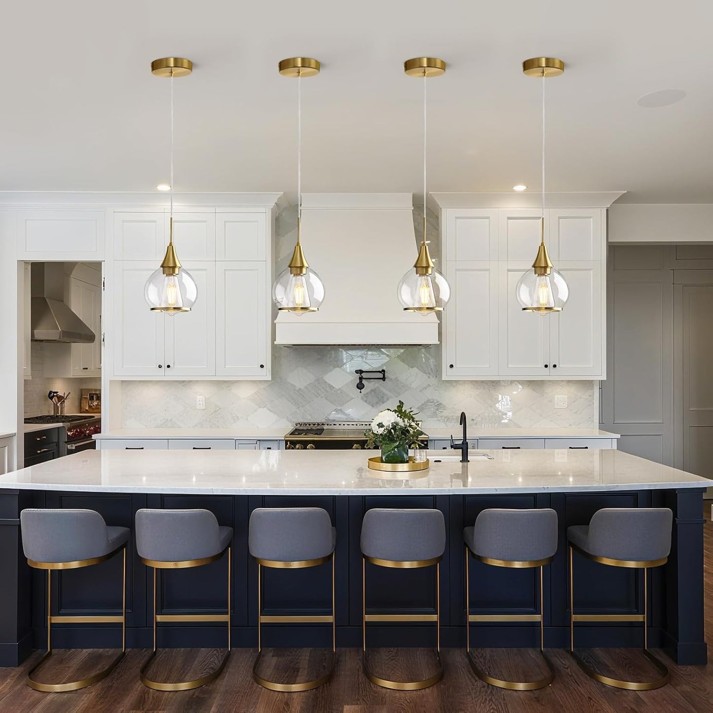 Pendant Light Fixtures Kitchen: Brushed Gold Farmhouse Island Light with Clear Glass - 6 Inch Mid Century Globe Kitchen Lighting Chandeliers Ceiling for Dining Room