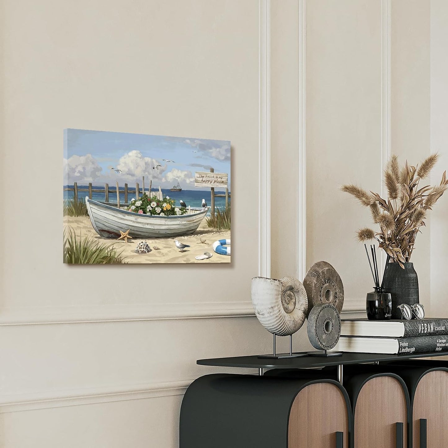 amatop Coastal Wall Art– Beach Scene Picture with Boat on Sandy Shore, Flowers and Sea Birds, Blue Ocean Seascape Themed Canvas Print Nautical Artwork for Bathroom and Bedroom Decor, Small 16x12 Inch