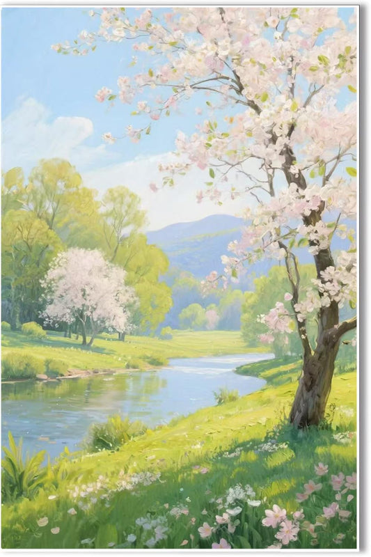 The scenery of a stream between trees and cherry blossoms under the blue sky is suitable for posting in the living room bedroom office landscape posters