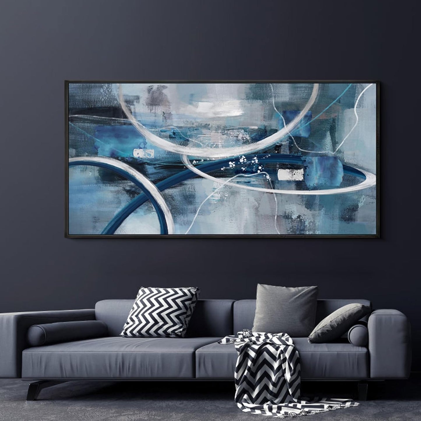 XLSJERST Large Abstract Canvas Wall Decor - Modern Living Room Wall Art Elegant Combination of Tones Black and White Gray Background Blue Gradient Picture Size 24x48