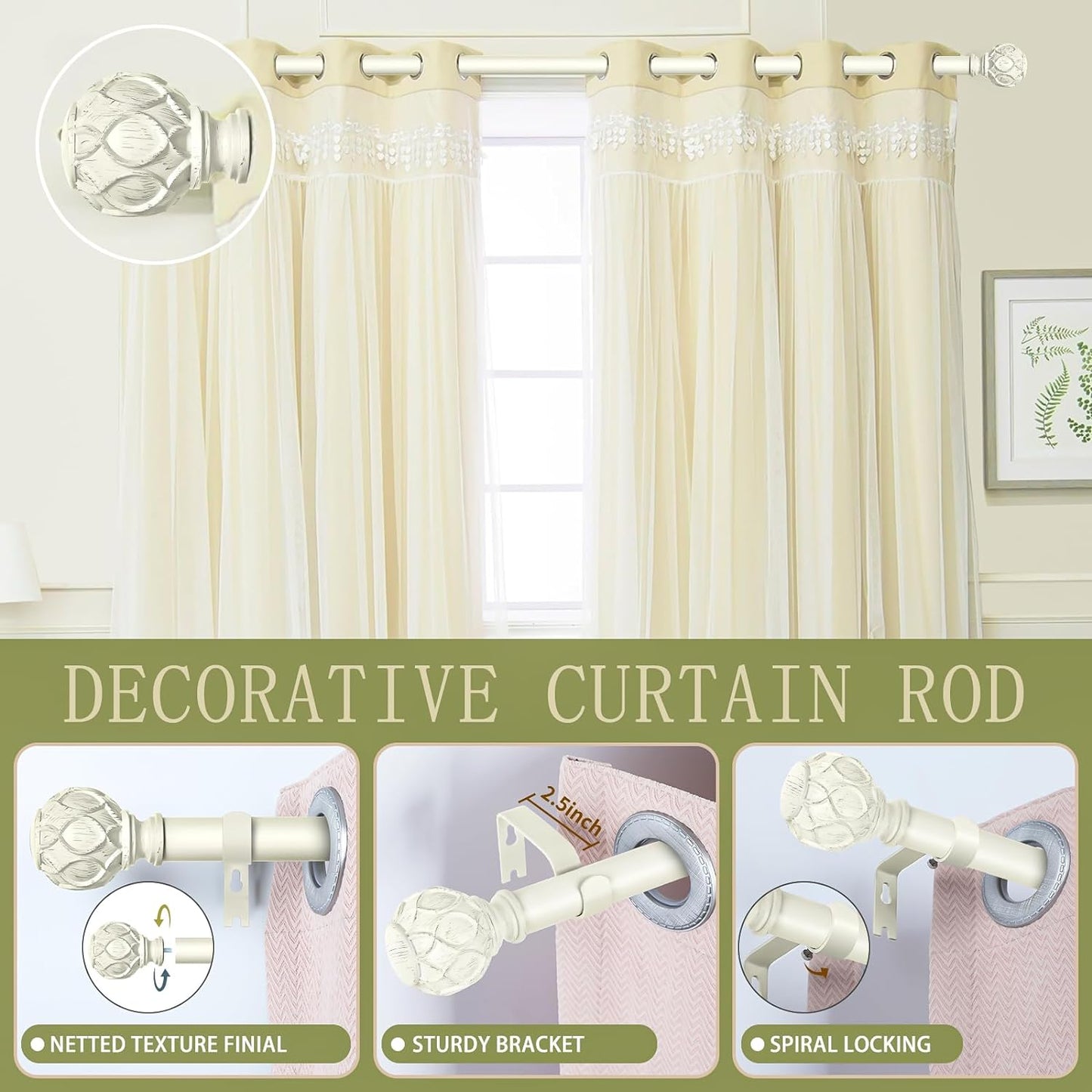 White Farmhouse Curtain Rods for Windows:66-120" Heavy Duty Adjustable Curtain Rod for Bedroom Living Room,Boho Decorative Rustic Drapery Rods with Vintage Coastal Texture Finial,Antique White