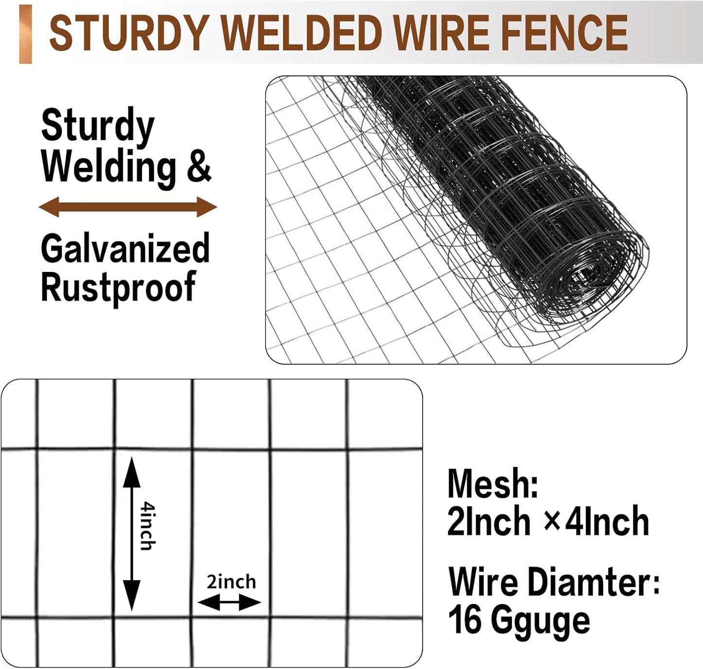 Tongmo 4 ft x 100 ft Black PVC Coated Welded Wire Fence, 16GA Garden Chicken Wire Fence Roll, Mesh Size 2" x 4" Hardware Cloth, Ideal for Yard Protection and Poultry Netting
