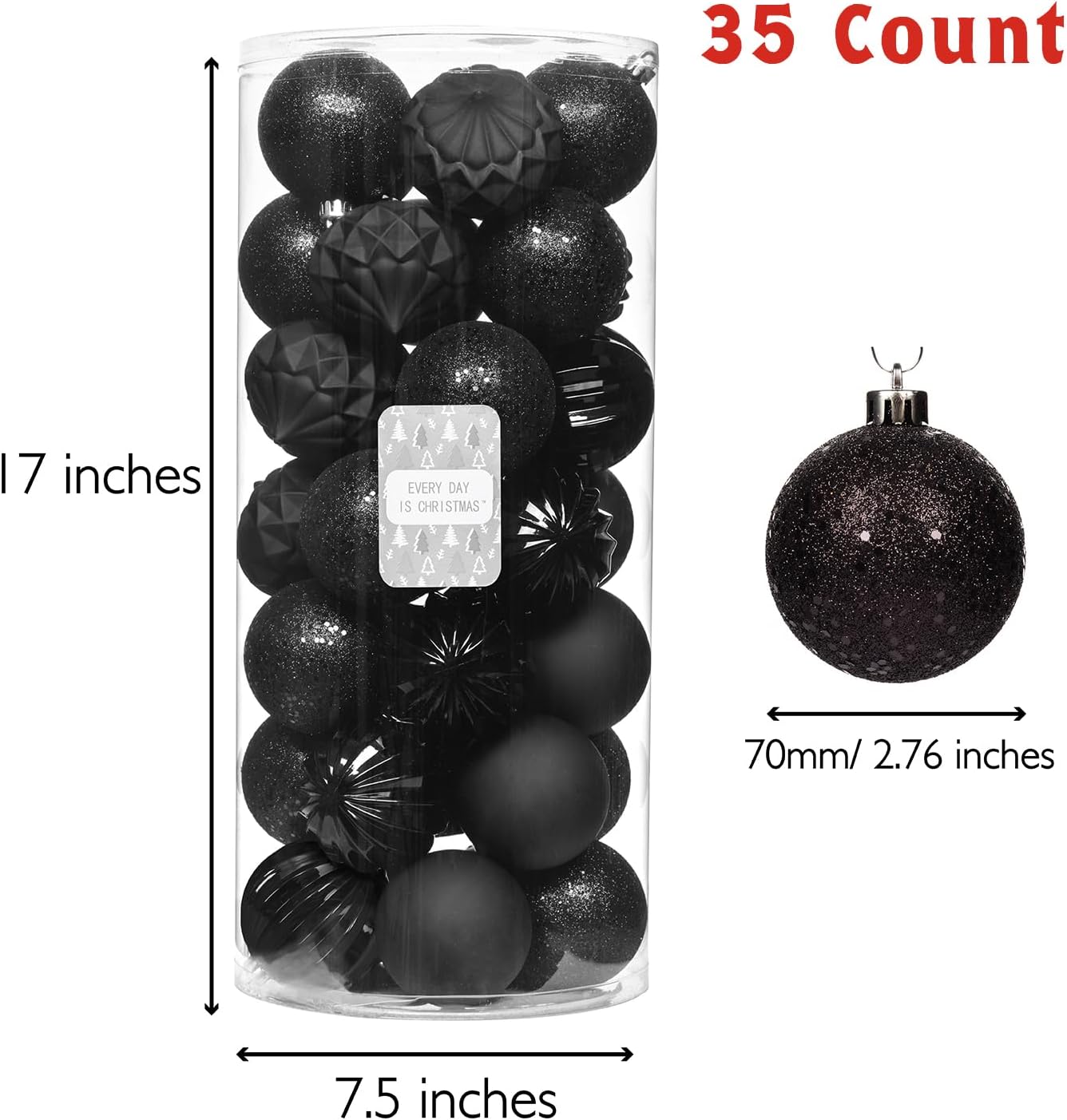 Every Day is Christmas Ornaments, Shatterproof Christmas Tree Ornament Set, Christmas Balls Decoration 35 Count (2.75"/70mm, Black)